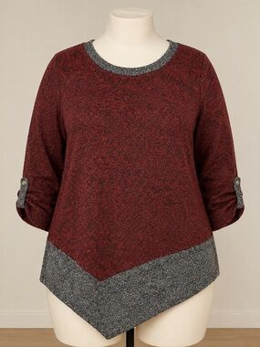 SJS Women’s 2X Burgundy & Gray Colorblock Sweater Soft Knit Asymmetrical Hem